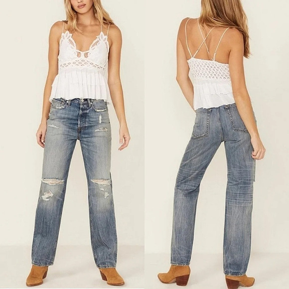 7 For All Mankind Blue Easy Straight Distressed Denim Jeans Size 28 - Picture 1 of 14